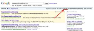 Screenshot af antal resultater på ordet "søgemaskineoptimering"